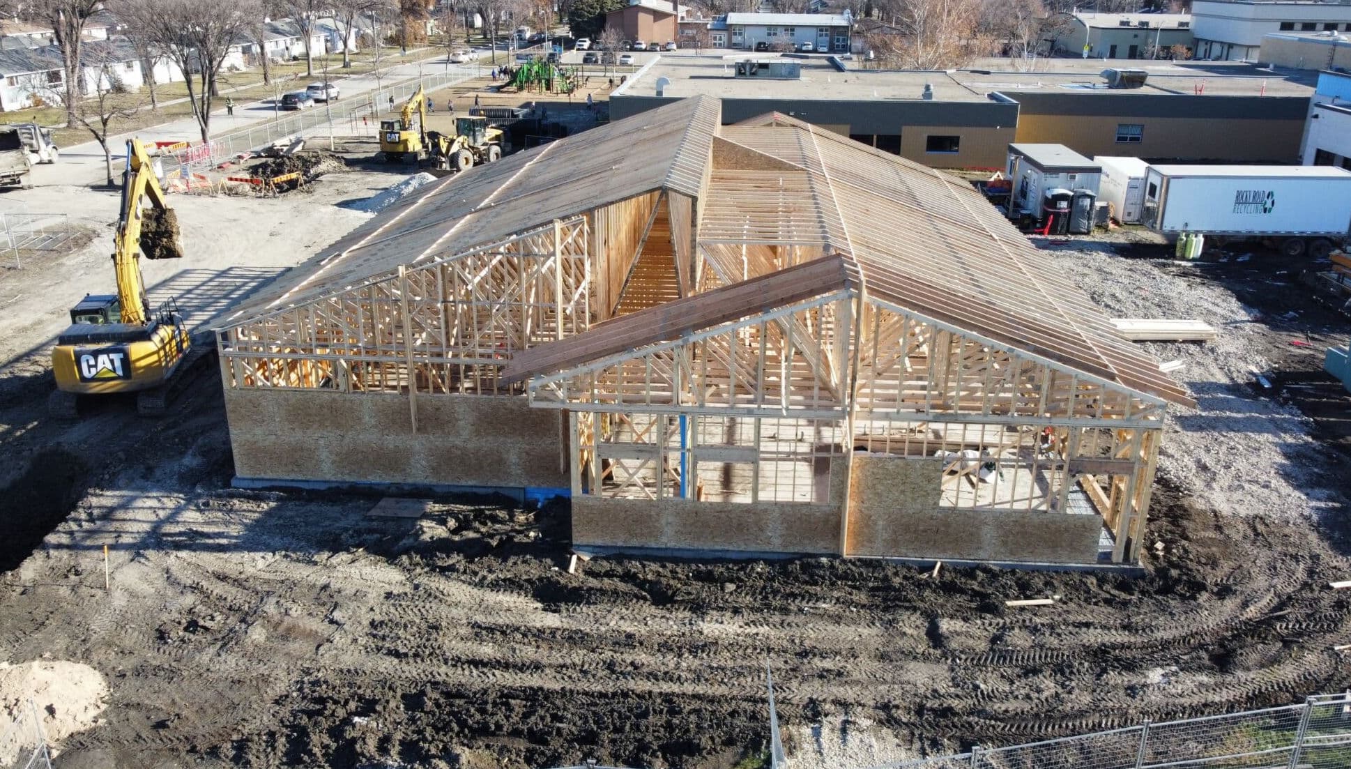 Aerial view of a commercial building under construction